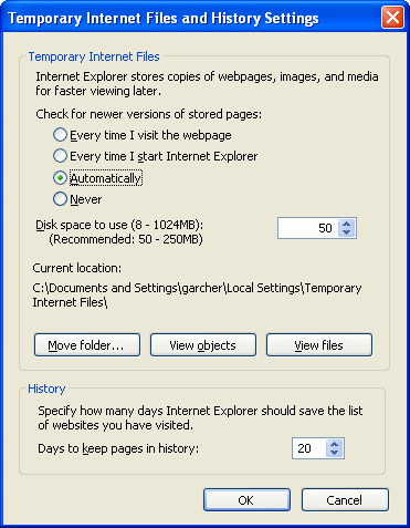 View temporary internet files